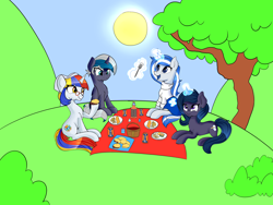 Size: 4000x3000 | Tagged: safe, artist:icicle-niceicle-1517, artist:n0kkun, oc, oc only, oc:arepita, oc:balmoral, oc:elizabat stormfeather, oc:n0kkun, alicorn, bat pony, bat pony alicorn, fish, pony, unicorn, alcohol, alicorn oc, bat pony oc, bat wings, bottle, bush, chips, clothes, collaboration, colored, eating, female, food, fork, glass, glasses, glowing, glowing horn, hat, hill, horn, irn bru, kilt, magic, mare, mlp fim's eleventh anniversary, multicolored hair, napkin, open mouth, picnic, plate, raised hoof, scotland, soda, sun, sweater, tree, venezuela, water, whiskey, wings