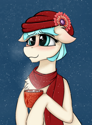 Size: 2203x2975 | Tagged: safe, alternate version, artist:mix333, derpibooru exclusive, coco pommel, earth pony, pony, g4, blushing, breath, chocolate, clothes, cocobetes, cute, female, floppy ears, food, hat, high res, hot chocolate, mare, marshmallow, mug, offscreen character, scarf, simple background, smiling, snow, snowfall, solo, steam, textless version