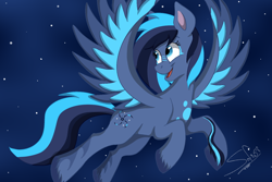 Size: 1500x1000 | Tagged: safe, artist:mr.rexy, oc, oc only, oc:twisted rush, pegasus, pony, eyebrows, female, flying, looking back, mare, night, open mouth, open smile, outdoors, pegasus oc, signature, simple background, sky, smiling, solo, spread wings, stars, unshorn fetlocks, wings