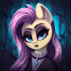 Size: 2048x2048 | Tagged: safe, artist:amishy, fluttershy, pegasus, pony, g4, black lipstick, bust, clothes, ear fluff, eyeshadow, female, fluttergoth, goth, head tilt, high res, jewelry, lidded eyes, lipstick, looking at you, makeup, mare, necklace, portrait, solo