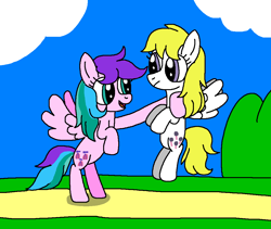 Size: 1072x904 | Tagged: safe, artist:brobbol, surprise, whizzer, pegasus, pony, twinkle eyed pony, g1, g4, adoraprise, bavaria, bavariannoying, cute, duo, female, frown, g1 to g4, generation leap, grabbing, gunther (the new woody woodpecker show), holding a pony, land, mare, ponyland, surprise being surprise, talking, the new woody woodpecker show, underhoof, whizzabetes, woody woodpecker