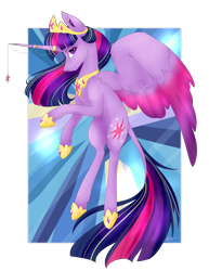 Size: 2000x2588 | Tagged: safe, artist:viking3ggs, twilight sparkle, alicorn, pony, g4, alicorn oc, colored wings, female, flying, high res, hoof shoes, horn, jewelry, leonine tail, mare, peytral, simple background, solo, tail, tiara, transparent background, twilight sparkle (alicorn), two toned wings, wings