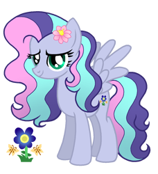 Size: 1148x1259 | Tagged: safe, artist:madlilon2051, oc, oc only, pegasus, pony, base used, crack ship offspring, eyelashes, female, flower, flower in hair, offspring, parent:fluttershy, parent:noteworthy, pegasus oc, simple background, smiling, solo, transparent background, wings