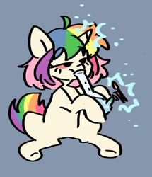 Size: 650x757 | Tagged: safe, artist:madkadd, oc, oc only, oc:kadus, pony, unicorn, bong, drugs, eyelashes, female, glowing, glowing horn, gray background, high, horn, magic, marijuana, multicolored hair, rainbow hair, simple background, sitting, smiling, solo, telekinesis, underhoof, unicorn oc