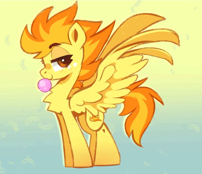 Size: 1000x864 | Tagged: safe, artist:sugaryyflower, spitfire, pegasus, pony, abstract background, blowing bubblegum, bubblegum, chewing, eating, feathered wings, featured image, female, food, freckles, gum, looking at you, mare, raised eyebrow, solo, spread wings, standing, wings, wonderbolts