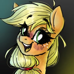 Size: 1024x1024 | Tagged: safe, artist:madkadd, applejack, earth pony, pony, g4, abstract background, blushing, bust, eyelashes, female, freckles, mare, smiling, solo