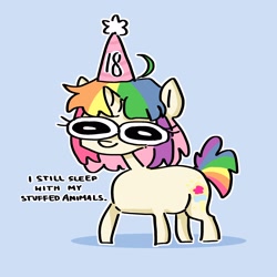 Size: 3000x3000 | Tagged: safe, artist:madkadd, oc, oc only, oc:kadus, pony, unicorn, blue background, eyelashes, female, hat, high res, horn, mare, multicolored hair, party hat, rainbow hair, simple background, unicorn oc