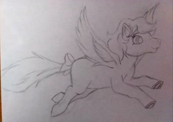 Size: 3215x2260 | Tagged: safe, artist:mjangelvortex, firefly, pegasus, pony, g1, bow, female, flying, high res, mare, simple background, solo, tail, tail bow, traditional art