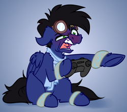 Size: 4000x3500 | Tagged: safe, artist:witchtaunter, oc, oc only, pegasus, pony, angry, clothes, commission, controller, gamer, goggles, male, pointing, red face, scarf, sitting, solo, yelling