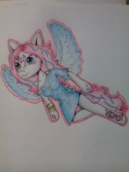 Size: 1920x2560 | Tagged: safe, artist:brot-art, star catcher, pegasus, anthro, unguligrade anthro, g3, arm hooves, clothes, dress, smiling, solo, tattoo, traditional art, wings