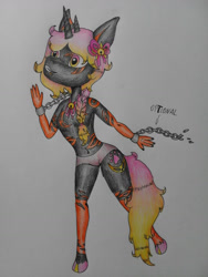 Size: 972x1296 | Tagged: safe, artist:brot-art, oc, oc only, bicorn, anthro, unguligrade anthro, chains, cloven hooves, female, horn, multiple horns, smiling, solo, tattoo, traditional art, waving