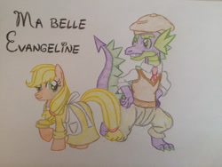 Size: 960x720 | Tagged: safe, artist:gibina4ever, applejack, spike, dragon, pony, g4, clothes, crossover, disney, female, ma belle evangeline, male, older, older spike, ship:applespike, shipping, straight, the princess and the frog, traditional art