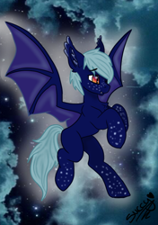 Size: 500x711 | Tagged: safe, artist:succy, oc, oc only, oc:stellar light, bat pony, pony, bat wings, chest fluff, cloud, ear fluff, eyebrows, eyebrows visible through hair, fangs, flying, male, night, outdoors, signature, sky, smiling, solo, spread wings, stallion, stars, wings