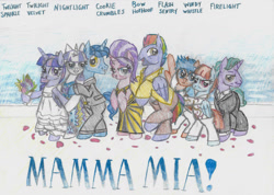 Size: 1280x910 | Tagged: safe, artist:gibina4ever, bow hothoof, cookie crumbles, firelight, flash sentry, flower bouquet, night light, twilight sparkle, twilight velvet, windy whistles, pegasus, pony, unicorn, g4, bouquet, bouquet of flowers, clothes, dress, flower, implied starlight glimmer, implied sunset shimmer, looking at you, mamma mia!, parody, traditional art, tuxedo