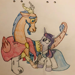 Size: 1024x1024 | Tagged: safe, artist:gibina4ever, flash sentry, twilight sparkle, alicorn, draconequus, pony, g4, beauty and the beast, clothes, crossover, disney, draconequified, dress, female, male, ship:flashlight, shipping, species swap, straight, traditional art, twilight sparkle (alicorn)