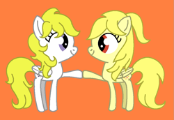 Size: 889x610 | Tagged: safe, artist:seanthedragonpony, lofty, surprise, pegasus, pony, g1, g4, adoraprise, cute, duo, female, friends, g1 to g4, generation leap, hoofbump, lesbian, loftybetes, loftyprise, mare, orange background, shipping, simple background, smiling