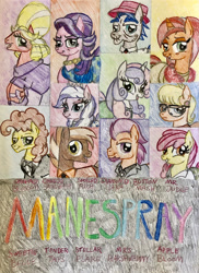 Size: 1280x1755 | Tagged: safe, artist:gibina4ever, apple bloom, big macintosh, button mash, cheese sandwich, diamond tiara, ms. harshwhinny, spoiled rich, stellar flare, sweetie belle, tender taps, earth pony, pony, g4, clothes, crossdressing, hairspray, mr. judge, orchard blossom, traditional art