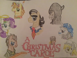 Size: 2828x2121 | Tagged: safe, artist:gibina4ever, derpy hooves, discord, doctor whooves, donut joe, fancypants, filthy rich, rarity, time turner, earth pony, pony, g4, a christmas carol, high res, traditional art