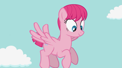 Size: 853x478 | Tagged: safe, artist:agrol, pinkie pie, pegasus, pony, let's start the game, g4, alternate hairstyle, cloud, female, flying, hairstyle, looking down, pegasus pinkie pie, race swap, youtube link
