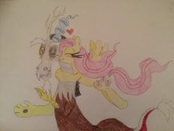 Size: 2828x2121 | Tagged: safe, artist:gibina4ever, discord, fluttershy, draconequus, pegasus, pony, g4, blushing, female, heart, high res, male, mare, one eye closed, pounce, ship:discoshy, shipping, straight, traditional art, wink