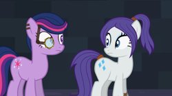 Size: 852x477 | Tagged: safe, artist:agrol, rarity, twilight sparkle, earth pony, pony, let's start the game, g4, alternate hairstyle, earth pony rarity, earth pony twilight, female, hairstyle, looking at each other, ponytail, race swap, youtube link