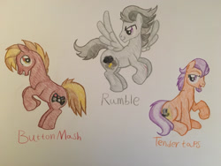 Size: 2828x2121 | Tagged: safe, artist:gibina4ever, button mash, rumble, tender taps, earth pony, pegasus, pony, g4, high res, male, older, traditional art, trio