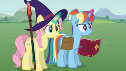 Size: 851x477 | Tagged: safe, artist:agrol, fluttershy, rainbow dash, pony, unicorn, let's start the game, g4, alternate hairstyle, bag, book, female, glowing, glowing horn, hairstyle, hat, horn, race swap, saddle bag, spellbook, staff, unicorn fluttershy, unicorn rainbow dash, wizard hat, youtube link