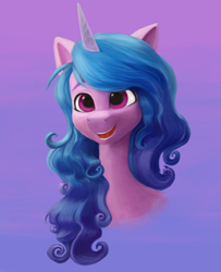 Size: 1138x1400 | Tagged: safe, artist:moonsheid, izzy moonbow, pony, unicorn, g5, my little pony: a new generation, bust, female, happy, mare, open mouth, open smile, simple background, smiling, solo