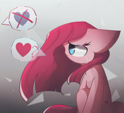 Size: 2200x2000 | Tagged: safe, artist:miryelis, pinkie pie, earth pony, pony, g4, big ears, cute, cuteamena, female, gradient background, high res, impossibly large ears, pinkamena diane pie, sad, sadorable, solo, speech bubble, talking to viewer