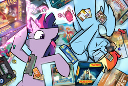 Size: 1280x859 | Tagged: safe, artist:captainhoers, rainbow dash, twilight sparkle, pegasus, pony, unicorn, g4, board game, board games with friends, dice, duo, glasses, glowing, glowing horn, horn, lying down, on back, overhead view, unicorn twilight