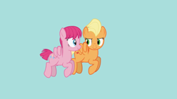 Size: 852x477 | Tagged: safe, artist:agrol, applejack, pinkie pie, pegasus, pony, let's start the game, g4, alternate hairstyle, blue background, duo, duo female, female, flapplejack, flying, hairstyle, looking at each other, pegasus pinkie pie, race swap, simple background, smiling, smiling at each other, smirk, youtube link