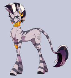 Size: 2373x2601 | Tagged: safe, artist:1an1, zecora, pony, zebra, g4, female, high res, leonine tail, looking at you, mlem, silly, simple background, solo, standing, tail, tongue out