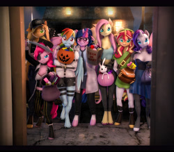 Size: 5400x4725 | Tagged: safe, artist:imafutureguitarhero, angel bunny, applejack, fluttershy, pinkie pie, rainbow dash, rarity, sci-twi, sunset shimmer, twilight sparkle, alicorn, bat pony, earth pony, pegasus, rabbit, anthro, unguligrade anthro, art pack:trick or treat 2021, equestria girls, 3d, absurd resolution, alternate mane seven, animal, arm on shoulder, bag, barehoof, baseball cap, bat ponified, black bars, blushing, boots, bra, butterfly wings, candy, cap, cargo pants, cheek fluff, choker, chromatic aberration, clothes, colored eyebrows, colored eyelashes, cosplay, costume, crop top bra, crossover, cute, denim shorts, doorway, dress, ear fluff, ear freckles, electric guitar, elf hat, ellis, eye scar, fangs, female, film grain, fingerless gloves, floppy ears, fluffy, flutterbat, food, freckles, fur, glasses, gloves, grin, group, guitar, halloween, halloween 2021, halloween costume, hat, height difference, holiday, hoof boots, hoof fluff, horn, humane five, humane seven, humane six, jewelry, knee fluff, lab coat, leather, leather boots, leather gloves, left 4 dead 2, lingerie, link, link's hat, link's tunic, looking at you, mare, mouth hold, multicolored mane, multicolored tail, musical instrument, nail polish, necklace, necktie, night, one ear down, one eye closed, open mouth, open smile, pants, paper bag, peppered bacon, pirate, pirate costume, pirate hat, pot, pumpkin bucket, race swap, revamped anthros, revamped ponies, scar, scitwilicorn, shirt, shoes, shorts, signature, skirt, smiling, source filmmaker, straitjacket, streetlight, striped gloves, sword, tail, tanktop, text, the legend of zelda, tights, torn clothes, trick or treat, twiabetes, twilight sparkle (alicorn), underwear, unshorn fetlocks, wall of tags, weapon, wings, wink
