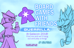 Size: 1200x780 | Tagged: safe, artist:captainhoers, rainbow dash, twilight sparkle, pegasus, pony, unicorn, galacon, galacon 2018, g4, board games with friends, clothes, duo, female, glassed, limited palette, mare, trenchcoat, unicorn twilight