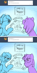 Size: 800x1570 | Tagged: safe, artist:captainhoers, rainbow dash, twilight sparkle, pegasus, pony, unicorn, g4, ask, banana, board game, board games with friends, confused, duo, female, food, limited palette, mare, tumblr, unicorn twilight