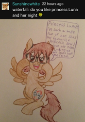 Size: 640x913 | Tagged: safe, artist:gibina4ever, oc, oc only, oc:acting tail, pegasus, pony, ask, ask acting tail, cute, excited, glasses, implied princess luna, ocbetes, pegasus oc, solo, speech bubble, traditional art