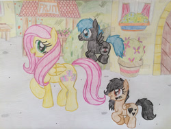 Size: 2828x2121 | Tagged: safe, artist:gibina4ever, fluttershy, oc, oc only, oc:fashion heart, oc:rock blues, pony, babysitting, fruit stand, high res, parent:oc:acting tail, siblings, stroll, strolling, traditional art, twins