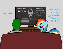 Size: 3300x2550 | Tagged: safe, artist:vareb, rainbow dash, oc, oc:anon, pegasus, pony, g4, couch, dialogue, high res, skyrim, television, text, the elder scrolls, unamused, video game, waiting