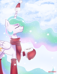 Size: 5834x7600 | Tagged: safe, artist:opal_radiance, princess celestia, alicorn, pony, g4, absurd resolution, chocolate, christmas, clothes, concave belly, eyes closed, female, food, hat, holiday, hoof hold, horn, horn cap, horn impalement, hot chocolate, mare, mug, santa hat, scarf, slender, smiling, snow, socks, solo, tall, thin