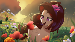 Size: 2666x1500 | Tagged: safe, artist:light262, oc, oc only, oc:violet aria, earth pony, pony, earth pony oc, female, flower, flower in hair, lidded eyes, mare, no pupils, open mouth, pun, scenery, scenery porn, smiling, solo, tree, underhoof, violet (flower), visual pun