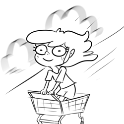 Size: 3300x3300 | Tagged: safe, artist:tjpones, apple bloom, human, g4, black and white, female, grayscale, high res, humanized, jackass, monochrome, motion blur, motion lines, shopping cart, smiling, solo, speed lines, this will end in pain, windswept hair