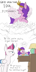 Size: 800x1600 | Tagged: safe, artist:rocket-lawnchair, pipp petals, zipp storm, pegasus, pony, g5, my little pony: a new generation, adorapipp, adorazipp, cute, dialogue, dream, duo, eyes closed, female, giantess, height supremacy, lidded eyes, macro, mare, pipp is short, pipp is smol, royal sisters (g5), siblings, simple background, sisters, size difference, sleeping, smiling, smol, surprised, white background