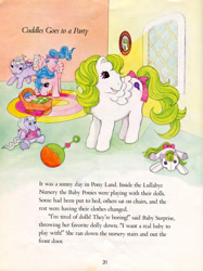 Size: 594x795 | Tagged: safe, artist:heckyeahponyscans, baby blossom, baby firefly, baby surprise, pony, g1, official, crib, cuddles goes to a party, doll, nursery, rattle, storybook, toy