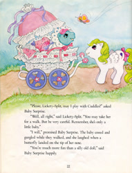 Size: 605x792 | Tagged: safe, baby cuddles, baby surprise, butterfly, pony, g1, official, baby carriage, cuddles goes to a party, path, storybook