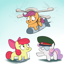 Size: 800x800 | Tagged: safe, artist:rocket-lawnchair, apple bloom, scootaloo, sweetie belle, earth pony, pegasus, pony, unicorn, g4, bomb, cap, cutie mark crusaders, drone, female, glasses, gradient background, hat, quadcopter, simple background, squatpony, trio, weapon