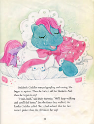Size: 605x791 | Tagged: safe, baby cuddles, pony, g1, official, baby carriage, crying, cuddles goes to a party, pillow, storybook
