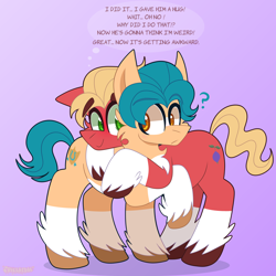 Size: 1700x1700 | Tagged: safe, artist:saveraedae, hitch trailblazer, sprout cloverleaf, earth pony, pony, g5, my little pony: a new generation, blushing, cheek fluff, chest fluff, coat markings, confused, dialogue, gay, gradient background, hitchsprout, hug, male, nervous, oblivious, question mark, raised hoof, shipping, socks (coat markings), sprout is a goddamn moron, stallion, stallion on stallion, unshorn fetlocks