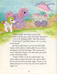 Size: 609x791 | Tagged: safe, baby cuddles, baby surprise, lickety-split, pony, g1, official, apple, baby carriage, bottle, cuddles goes to a party, drinking, food, path, plate, storybook