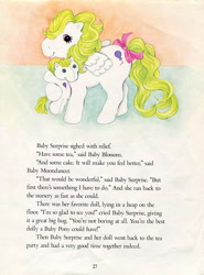 Size: 587x795 | Tagged: safe, baby surprise, pegasus, pony, g1, official, cuddles goes to a party, doll, hug, moral, storybook, toy