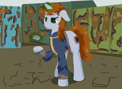 Size: 1484x1080 | Tagged: safe, artist:toshimatsu, derpibooru exclusive, oc, oc only, oc:littlepip, pony, unicorn, fallout equestria, clothes, eyes open, fanfic, fanfic art, female, glowing, glowing horn, green eyes, hooves, horn, jumpsuit, magic, magic aura, mare, pipbuck, raised hoof, solo, tail, telekinesis, vault suit